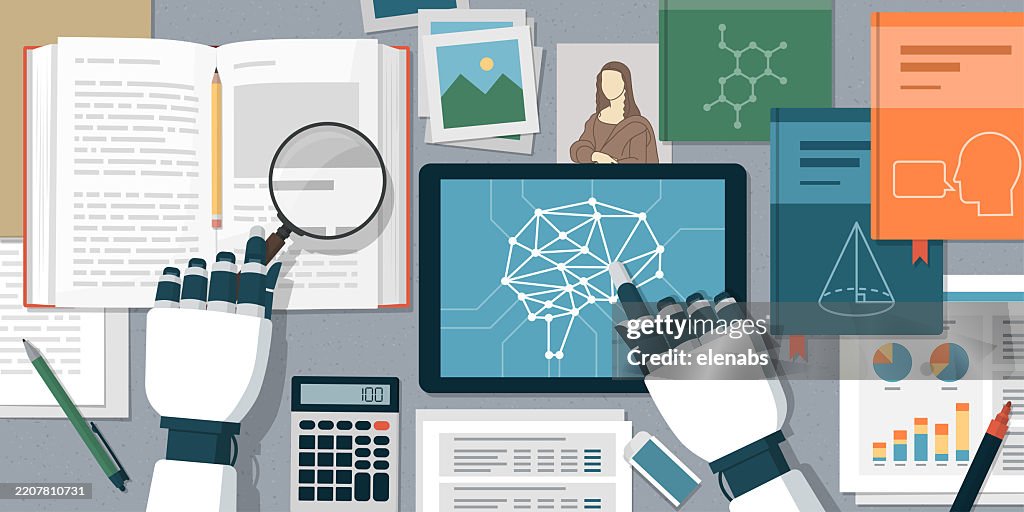 Aprendizado profundo: robô AI sentado na mesa e estudando