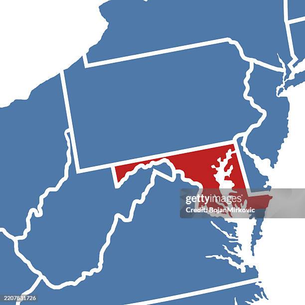 maryland map, close up view, red marked on usa map. vector - mid atlantic stock illustrations