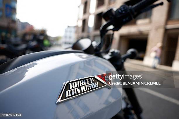 Harley-Davidson logo is seen on a motorcycle parked outside Warr's, Europe's oldest authorised Harley-Davidson dealership in west London on April 4,...