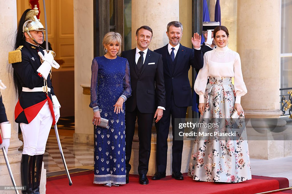 French President Emmanuel Macron And Brigitte Macron Host King Frederik X and Queen Mary Of Denmark