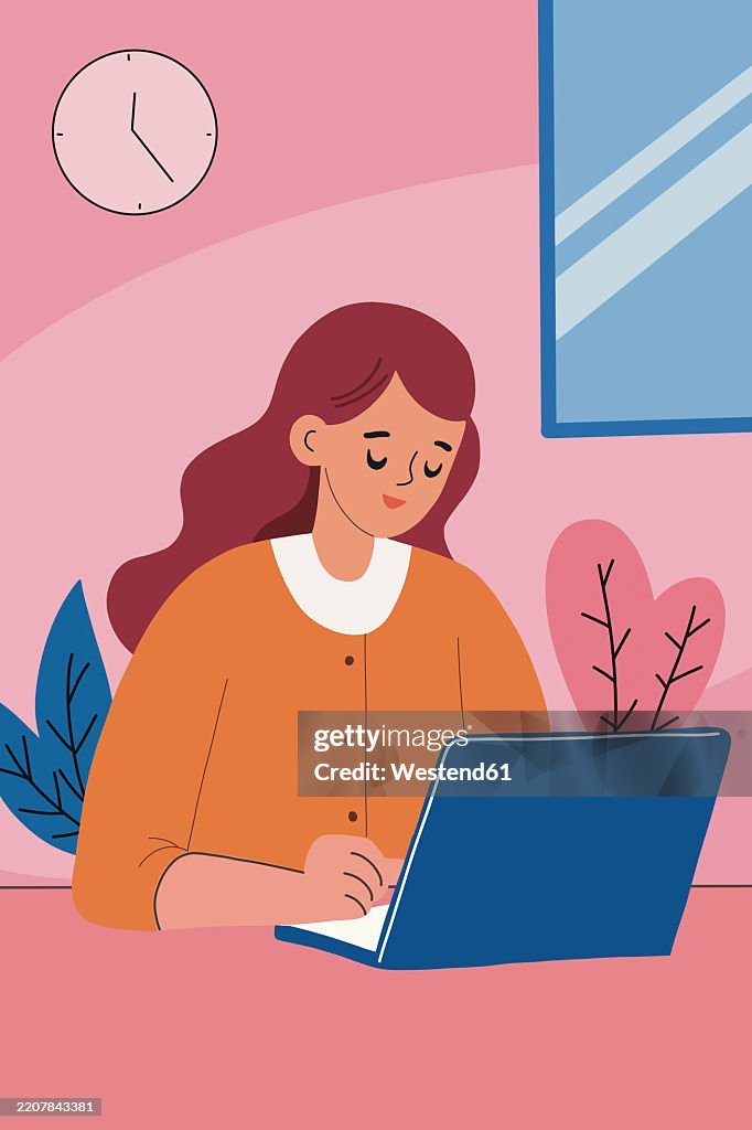 Office worker typing on a laptop at home with a clock and window in the background