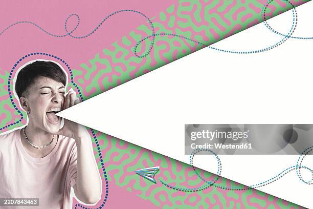 bildbanksillustrationer, clip art samt tecknat material och ikoner med contemporary art collage of a person shouting with copy space on a colorful background with decorative lines and shapes - skrika