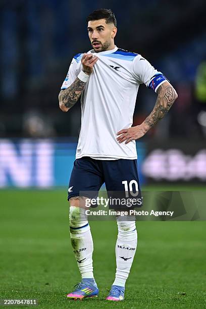 Mattia Zaccagni of Lazio reacts with disappointment during the Serie A match between Lazio and Torino at Stadio Olimpico on March 31, 2025 in Rome,...