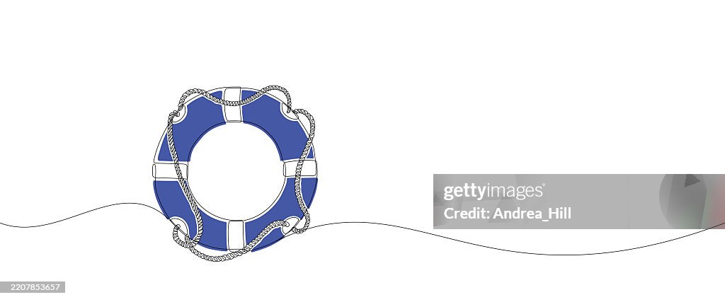 Life Ring, Buoy with Rope Continuous Line Drawing Banner with Editable Stroke