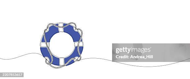 life ring, buoy with rope continuous line drawing banner with editable stroke - life belt stock illustrations
