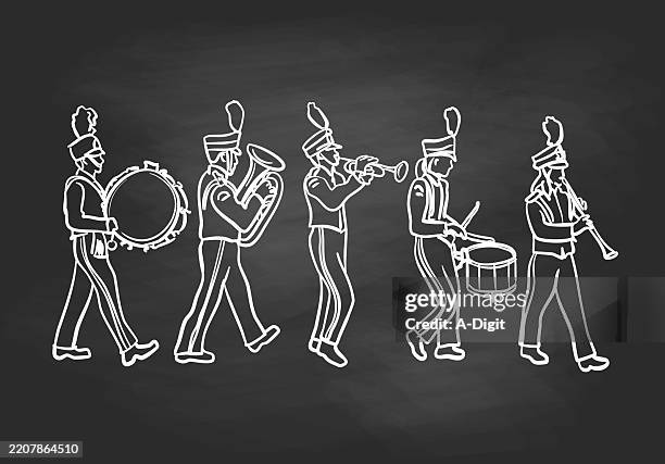 marchingbandmusiciansblackboard - high school student uniform stock illustrations