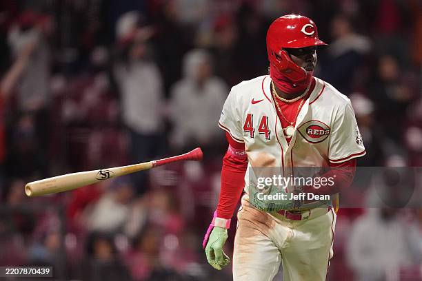 Elly De La Cruz of the Cincinnati Reds flips his bat on a two-run home run in the seventh inning against the Texas Rangers at Great American Ball...