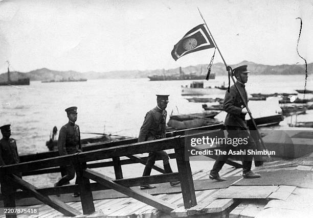 Sessho, Regent of Japan Crown Prince Hirohito arrives at Takaham Port during the Imperial Japanese Army special exercise on November 15, 1922 in...