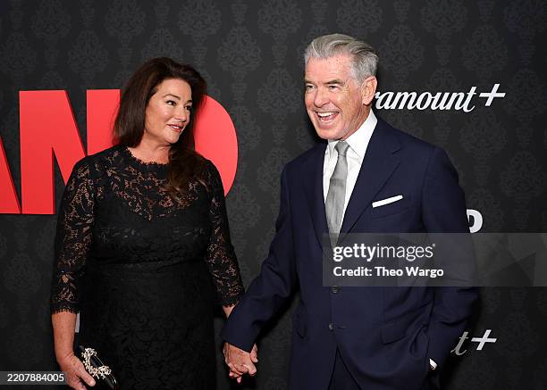 Keely Shaye Smith and Pierce Brosnan attend the "MobLand" New York Premiere at SVA Theater on March 31, 2025 in New York City.