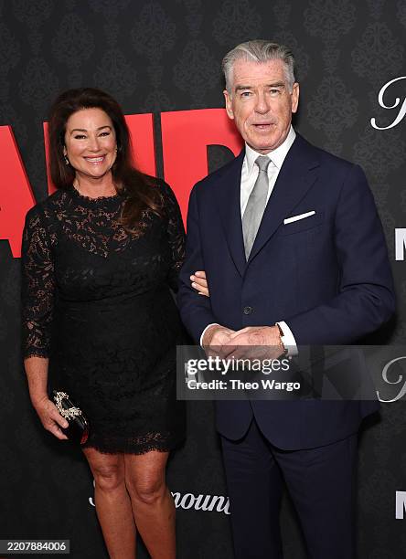 Keely Shaye Smith and Pierce Brosnan attend the "MobLand" New York Premiere at SVA Theater on March 31, 2025 in New York City.