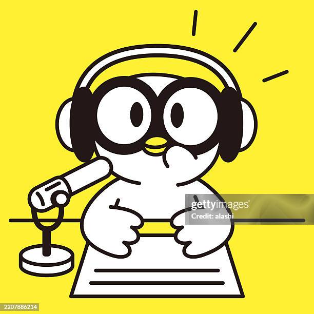 a cute bird, wearing large glasses, a radio host or podcaster, is producing a radio show or live stream, sitting at a desk. front view, black outline with flat colors, minimalist style - recording studio microphone cartoon stock illustrations