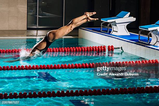 woman athlete jumping in swimming pool. concept sport - swimming starting block stock pictures, royalty-free photos & images