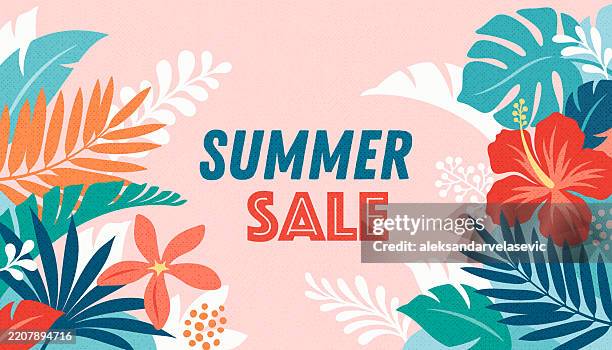 sommerhintergrund mit tropischen blättern und blumen - tropische blume stock-grafiken, -clipart, -cartoons und -symbole