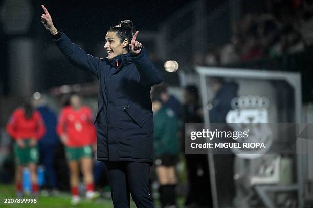 Spain's coach Montserrat Tome gestures during the UEFA Women's Nations League group A3 football match between Portugal and Spain in Capital do Movel...