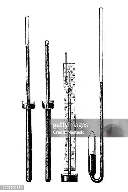 filling thermometer with mercury or alcohol - measuring-glass-drawing stock illustrations