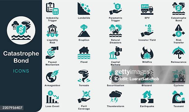 catastrophe bond solide icons sammlung. eindämmung des risikotransfers,übertragung, rückversicherung, verbriefung, parametrischer auslöser, entschädigungsauslöser, spv, schadenereignis, kapitalmärkte, naturkatastrophen - wasserschaden stock-grafiken, -clipart, -cartoons und -symbole