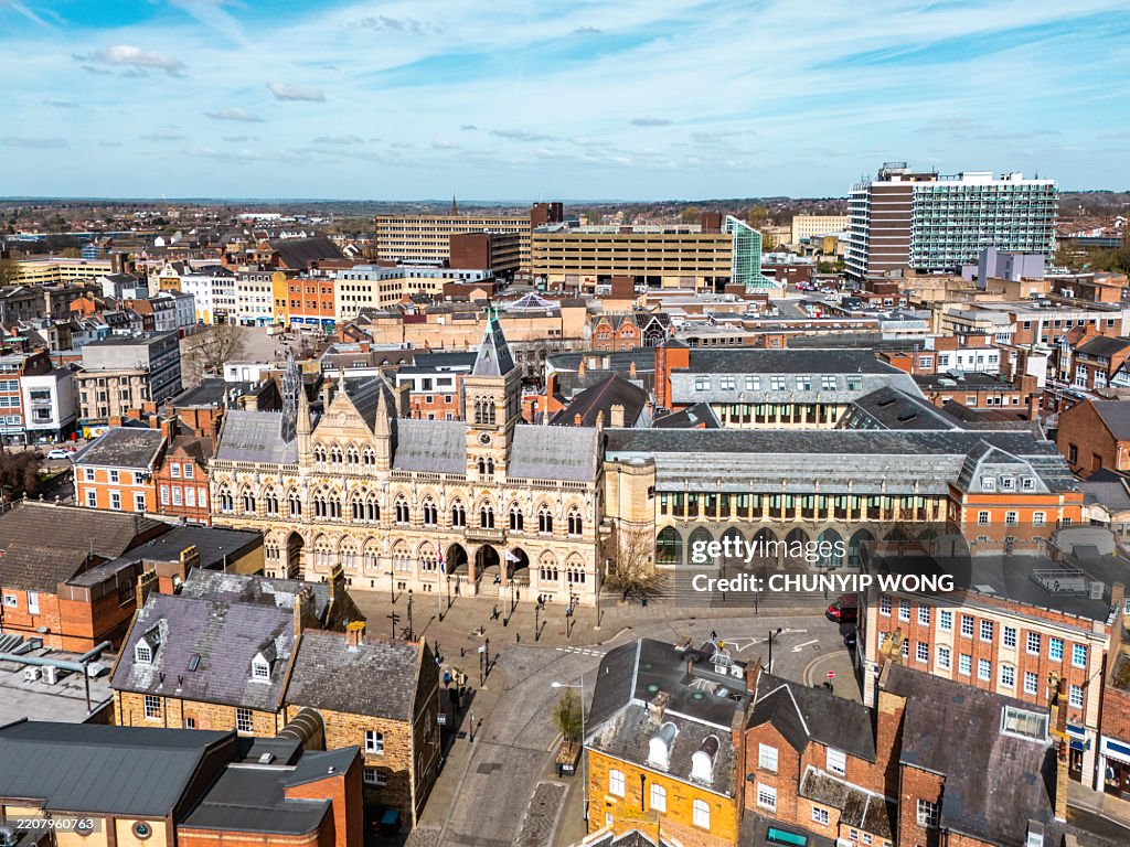 Drone view of Northampton Guild Hall, England, UK