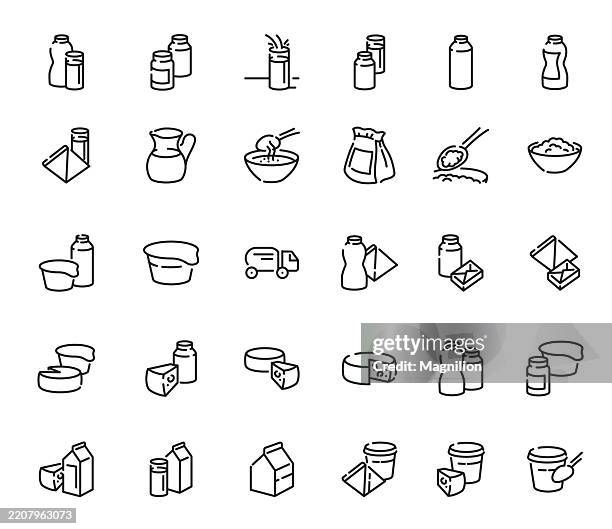 milk bottles, dairy packs, yogurt cups, cheese wedges, cream containers, cartons, spoons with powder, and bowls, drawn in a minimal editable outline style - greek yogurt bowl stock illustrations