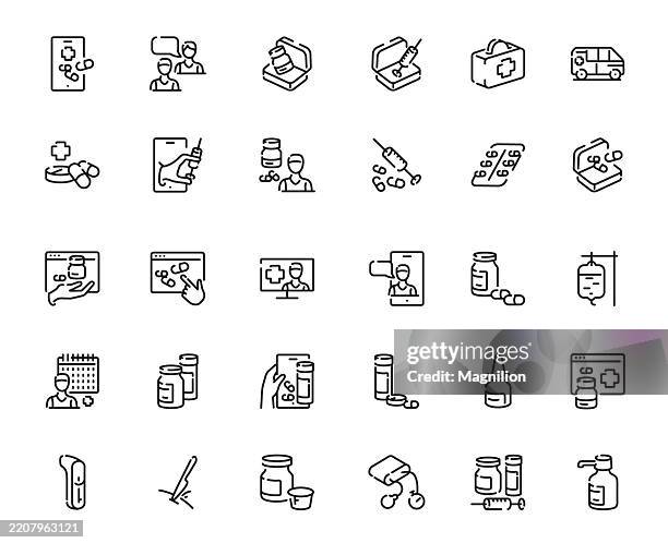 medical and pharmaceutical elements, including pills, syringes, consultations, iv drips, and medicine bottles, editable stroke line icons set - dose stock illustrations