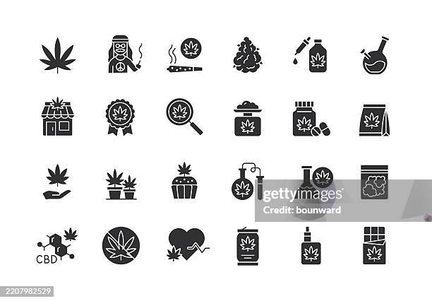cannabis flat black icons. vector - pipe joints stock illustrations