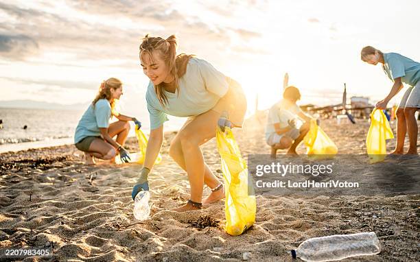 group of people cleaning beach area - good condition stock pictures, royalty-free photos & images
