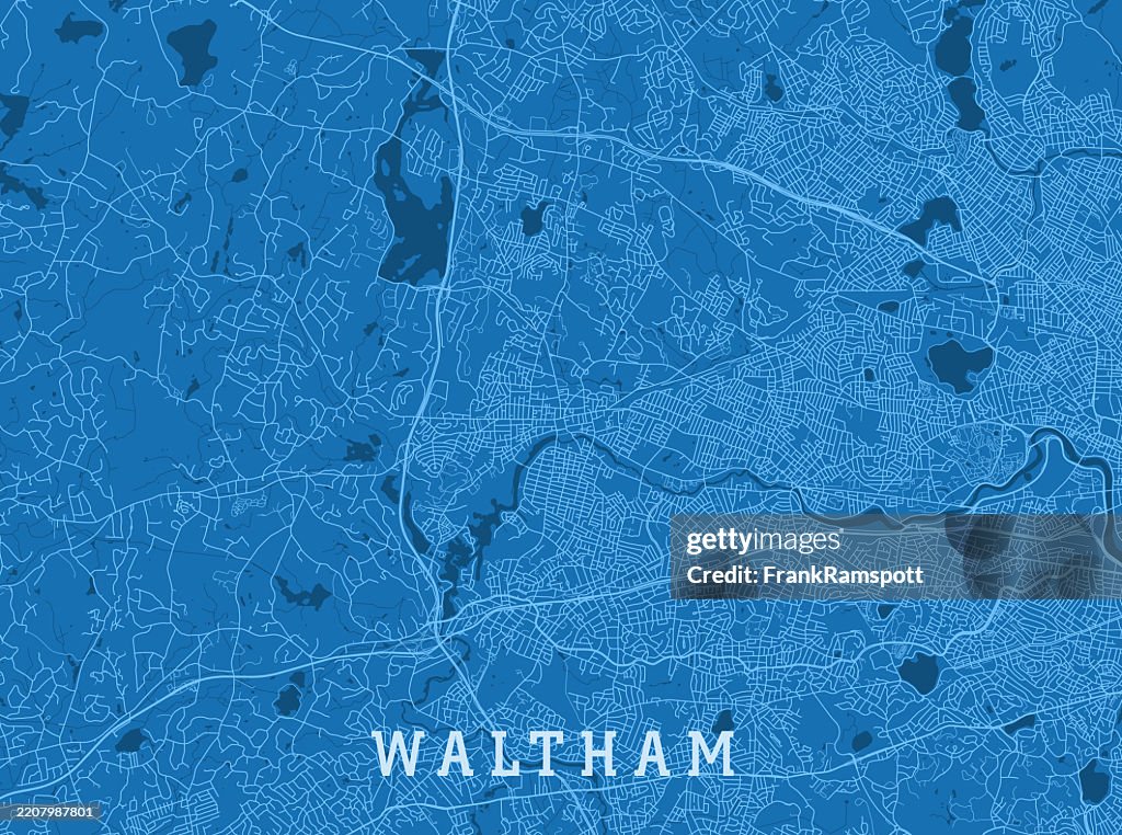 Waltham MA City Vector Road Map Blue Horizontal