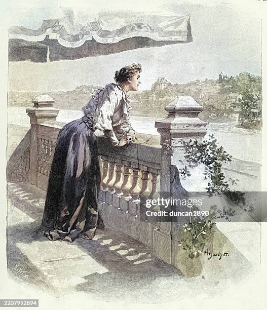 young woman leaning on balustrade looking at view, victorian, vintage illustration, 19th century 1890s - leaning stock illustrations