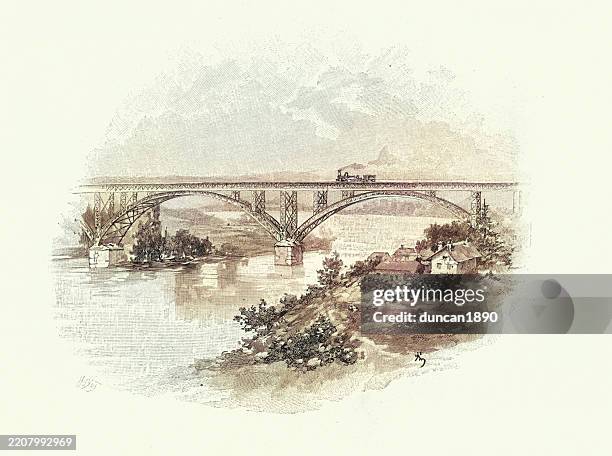 steam train on railway bridge crossing a river, victorian, vintage illustration, 19th century 1890s - railway bridge stock illustrations