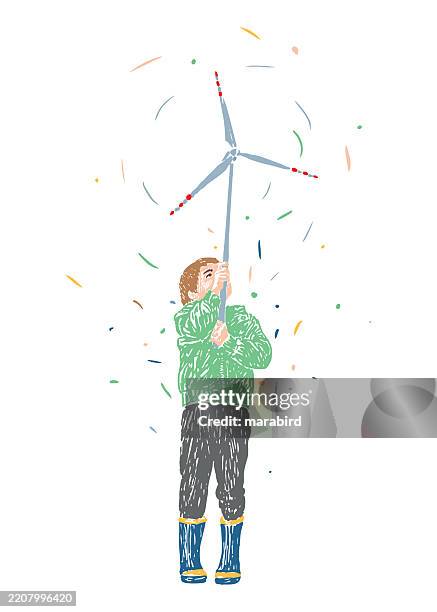 child holding wind turbine green technology - track day stock illustrations