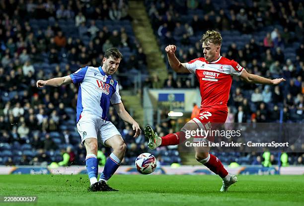 Blackburn Rovers' Joseph Rankin-Costello cross is blocked by Middlesbrough's Tommy Conway during the Sky Bet Championship match between Blackburn...