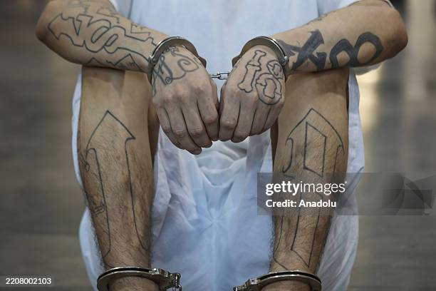 Gang member seen in a cell at the Terrorism Confinement Center in Tecoluca, in San Vicente, El Salvador on April 04, 2025. The Cecot prison was...