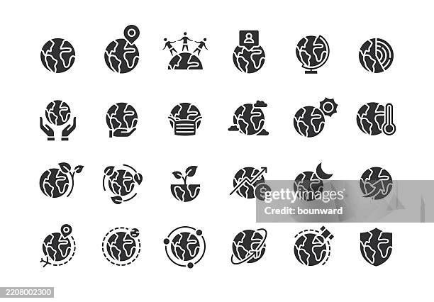 planet earth flat black icons. vector - airport mask stock illustrations