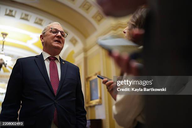 Sen. Kevin Cramer speaks to reporters before the weekly Republican Senate policy luncheon at the U.S. Capitol on April 01, 2025 in Washington, DC....
