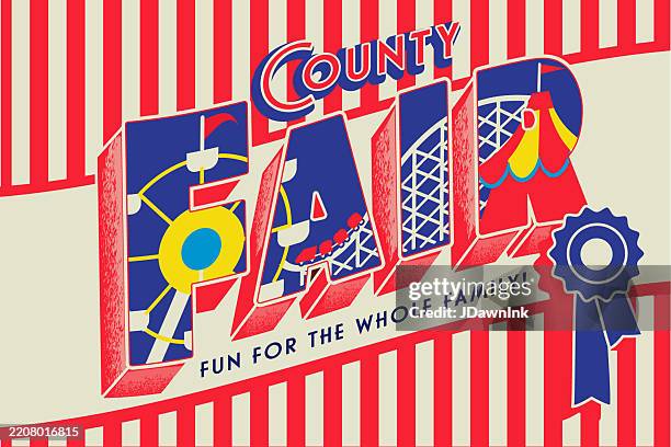 illustrations, cliparts, dessins animés et icônes de modèle de conception de logo coloré de foire de comté avec tente de carnaval, grande roue, montagnes russes et ruban bleu - festival traditionnel
