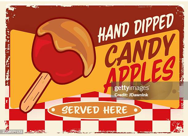 hand dipped candy apples retro fair diner sign design with lot's of textures - caramel stock illustrations