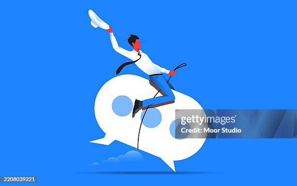 man riding on a text bubble vector illustration - chatbot stock illustrations