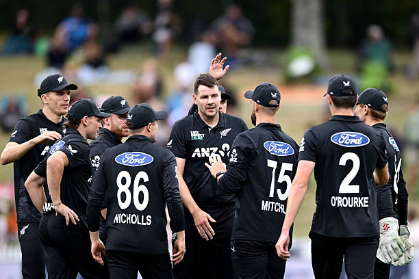 Jacob Duffy of New Zealand celebrates the wicket of Imam-ul-Haq of Pakistan during game two of the Men's ODI series between New Zealand and Pakistan...