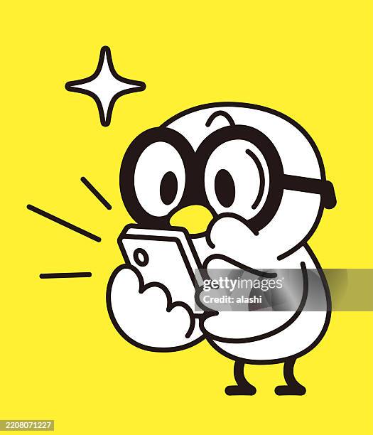 a cute bird, wearing large glasses, playing on a smartphone intently, phubbing. three-quarter front view, black outline with flat colors, minimalist style - cartoon bird with glasses stock illustrations