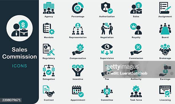 sales commission solide icons-sammlung. enthält provision, behörde, geld, agentur, ausschuss, delegation, task force, regulierung, aufsicht, mandat, abtretung, vertrag, anreiz, verkauf, gebühr - straßenverkäufer stock-grafiken, -clipart, -cartoons und -symbole