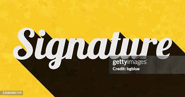 signature - text with long shadow on textured yellow background - old signatures stock illustrations