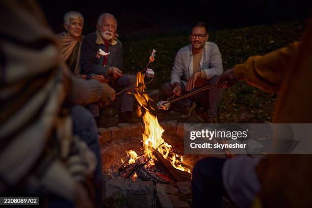 roasting marshmallows on fire at night! - haardvuur stockfoto's en -beelden