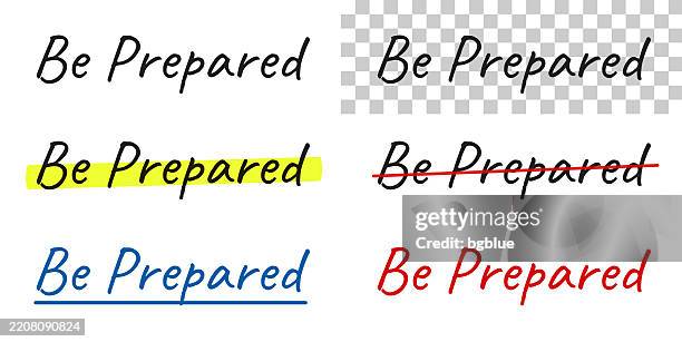 be prepared - handwritten text, highlighted, crossed out, underlined on blank background - yellow highlighter stock illustrations