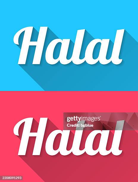 halal - flat design with long shadow on blue and red background - halal stock illustrations