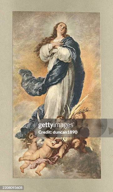 ilustrações, clipart, desenhos animados e ícones de retrato da virgem maria. o purista, após a pintura de bartolomé esteban murillo, arte barroca espanhola do século 17 - bartolome esteban murillo