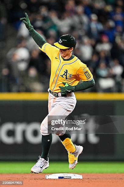 Soderstrom Tyler Soderstrom of the Athletics celebrates as he rounds the bases ...