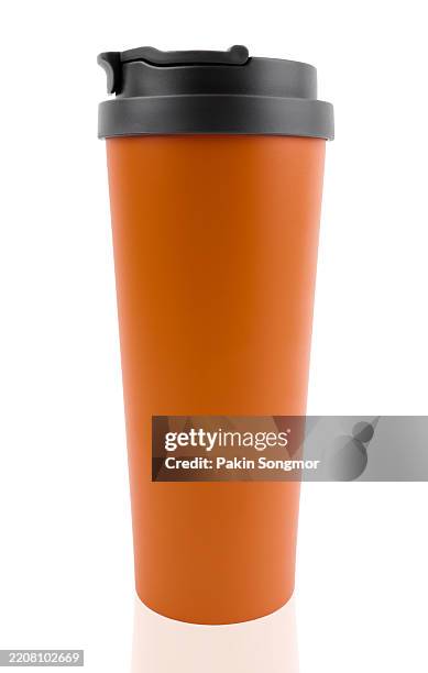 brown tumbler glass cold store. stainless steel thermos tumbler mug isolated on white background, save clipping path. - yetti cooler stock pictures, royalty-free photos & images