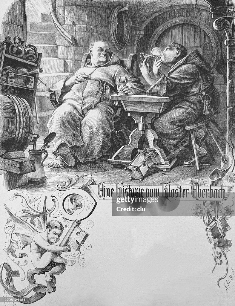 Happy carousing monks sitting at a table enjoying glasses of wine