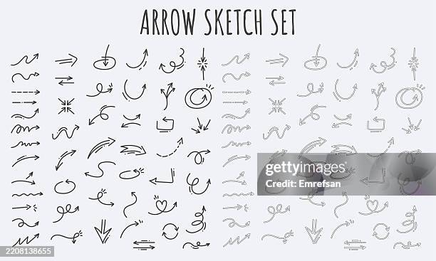 illustrazioni stock, clip art, cartoni animati e icone di tendenza di set di doodle freccia disegnati a mano - collezione di frecce vettoriali in stile schizzo - punta di freccia