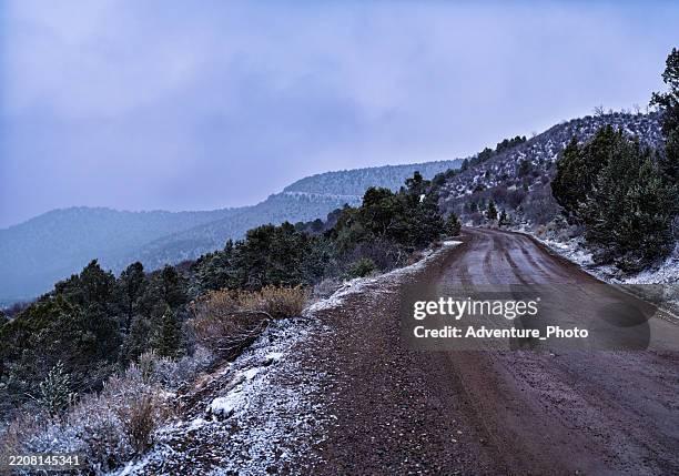 empty wet dirt road leading to mysterious stormy snowy weather - pinon hills stock pictures, royalty-free photos & images
