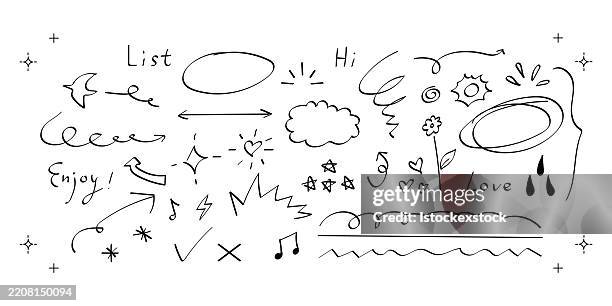hand drawn cute doodle vector set. - heart with arrow through it stock illustrations